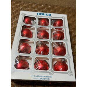 Vintage Shiny Brights Holly Red Glass Christmas Ornaments Set Of 12